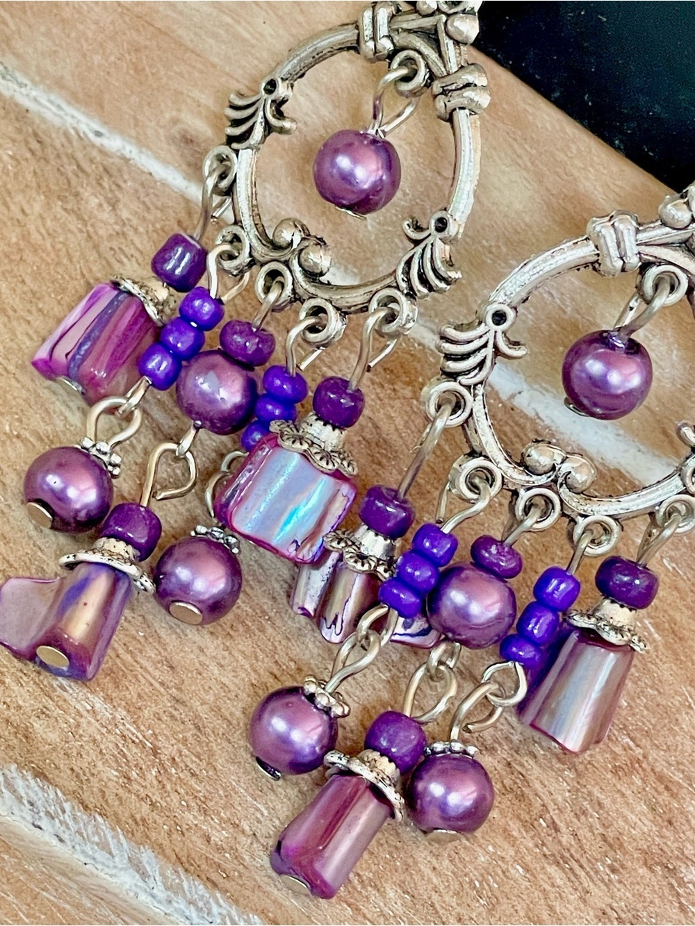Handmade Boho Purple & Aubergine Dangle Earrings with Silver-Tone Hoops